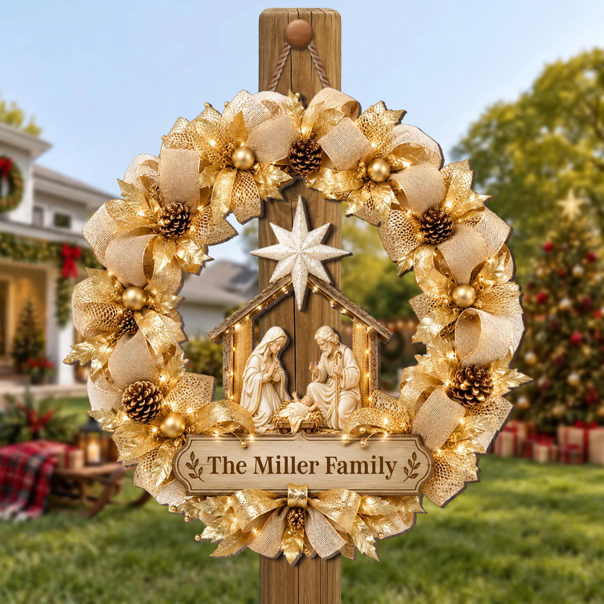 Nativity Scene Gold Wreath Personalized Wood Sign - Christmas Holiday Decor for Family