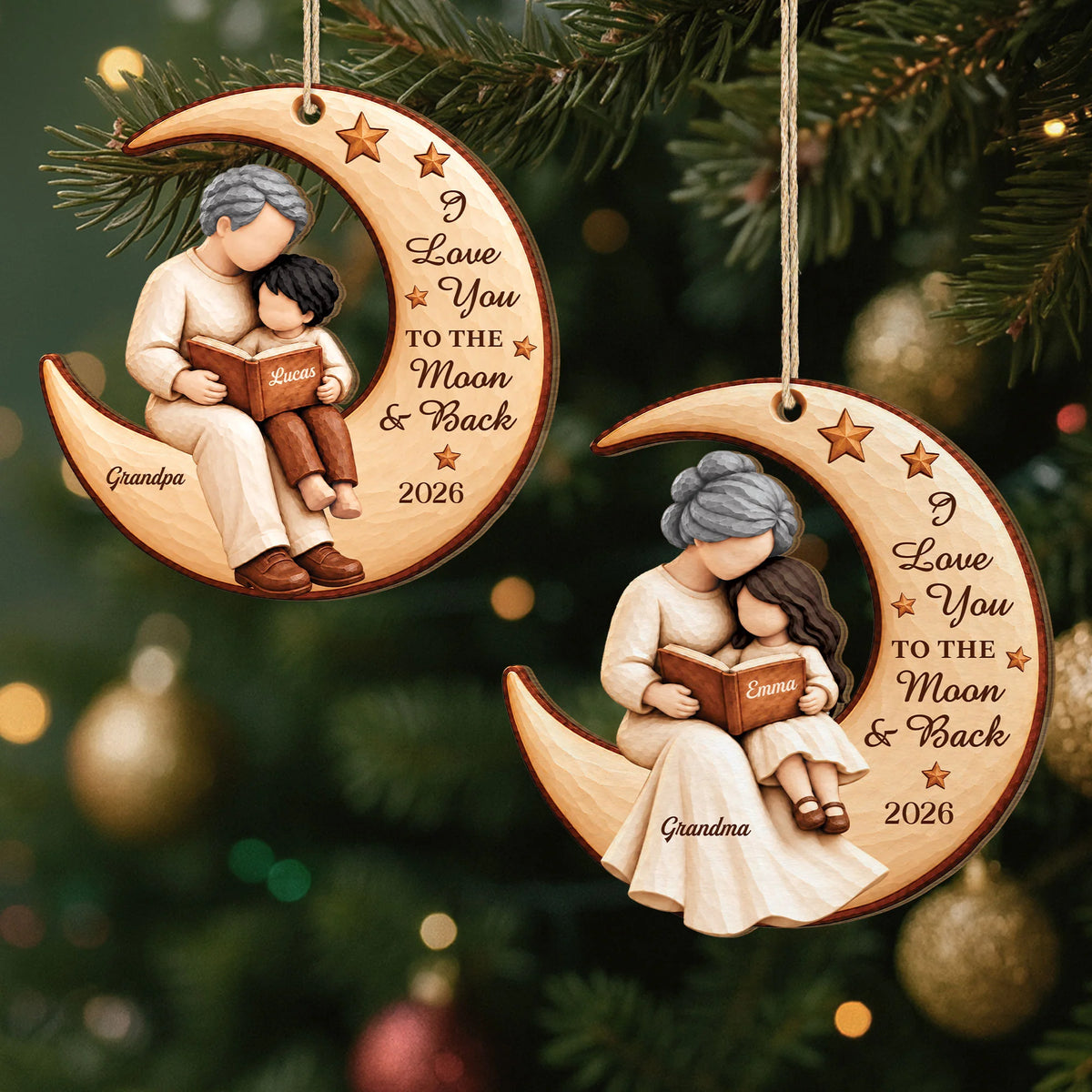 I Love You to the Moon and Back Personalized Wooden Ornament - Christmas Gift for Grandma and Mom