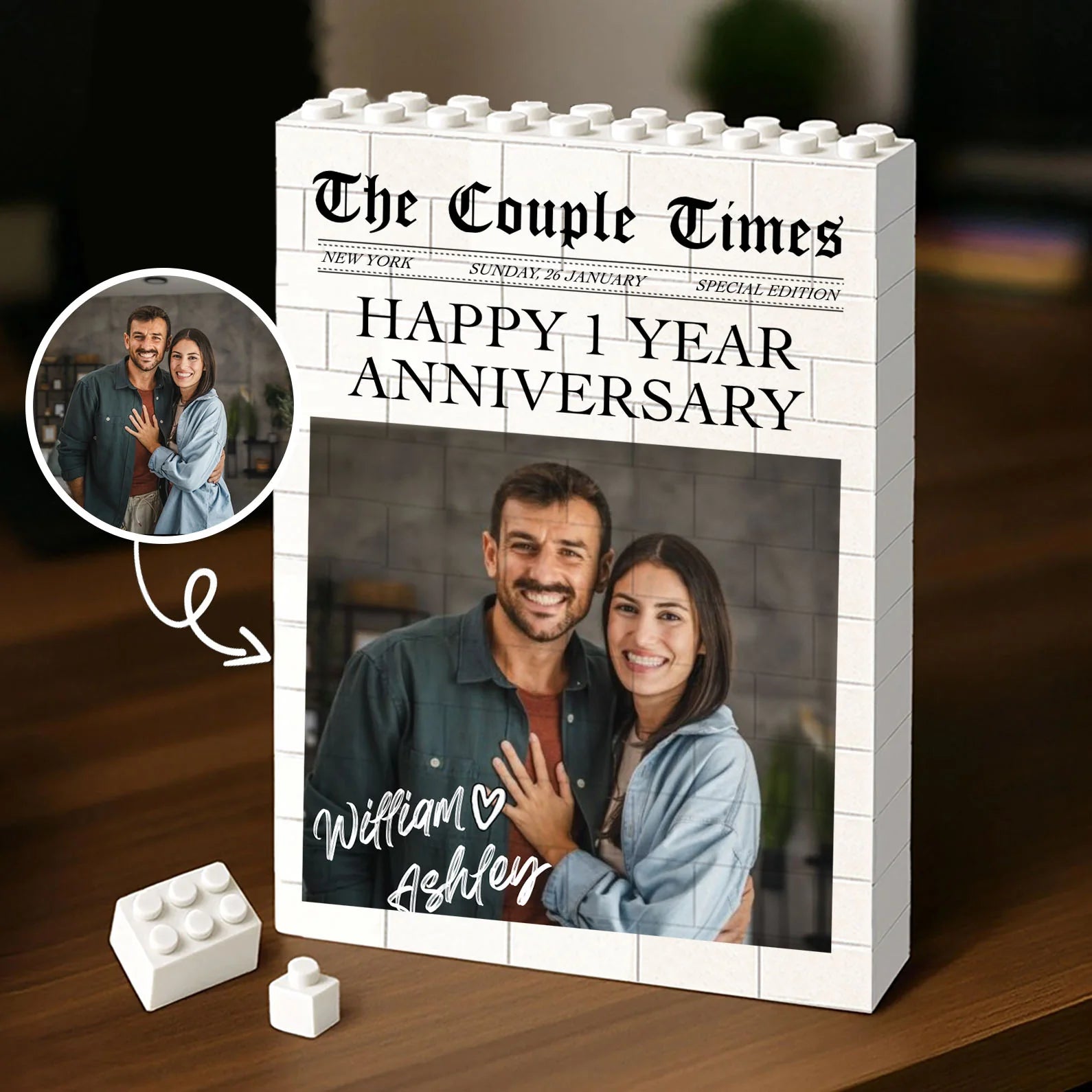 "The Couple Times" Custom Newspaper Photo Building Brick - Personalized Couple Anniversary Keepsake Gift