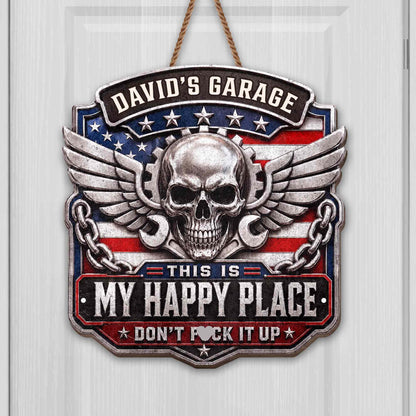"My Happy Place" Personalized Garage Wood Sign - Custom Wall Decor for Dad
