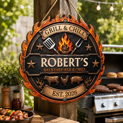 Grill & Chill Backyard Bar Personalized Wood Sign - Custom BBQ Decor Gift for Dad