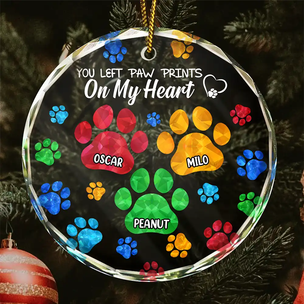 Memorial, Pet Lovers, Dog Lovers, Cat Lovers - Memorial Cat Dog You Left Paw Prints On My Heart - Personalized Circle Glass Ornament