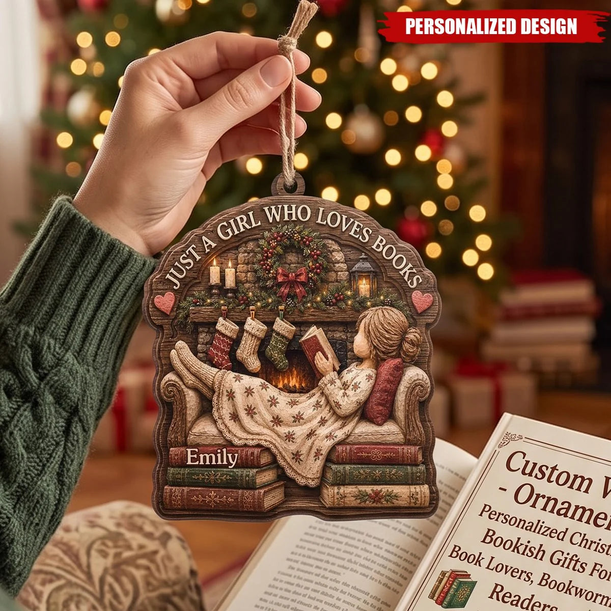 "Just A Girl Who Loves Books" Personalized Wood Ornament - Custom Bookish Gift For Readers