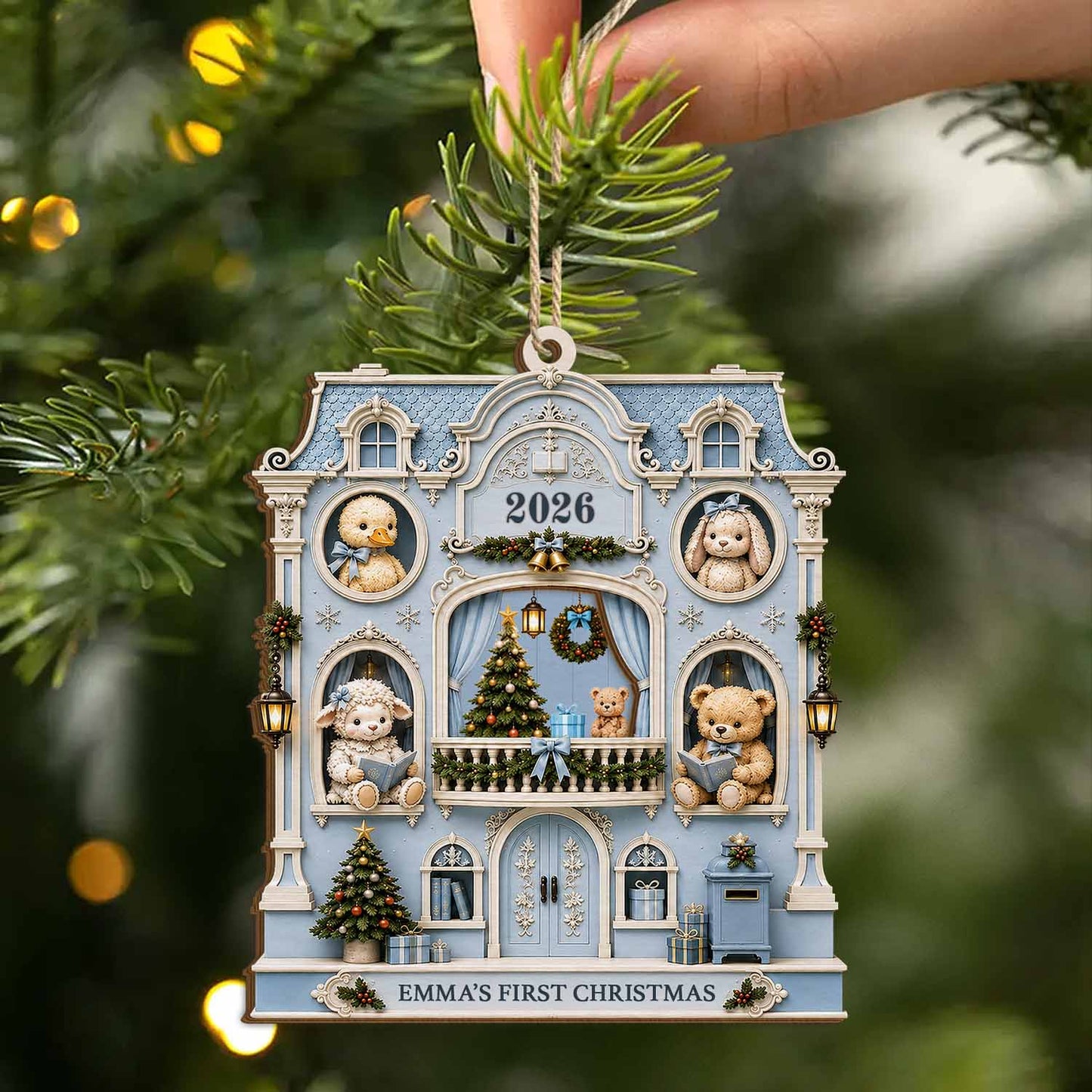 Baby's First Christmas Personalized Dollhouse Wood Ornament - Custom Gift for Daughter or Son