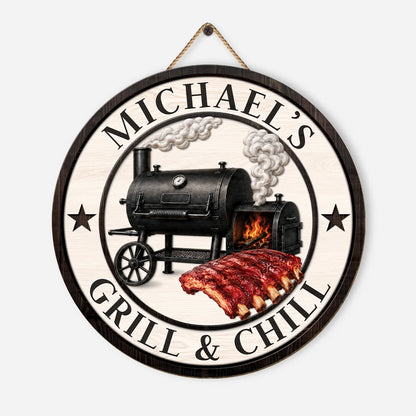 Grill and Chill Personalized BBQ Wood Sign - Custom Name Grill Master Barbecue Gift