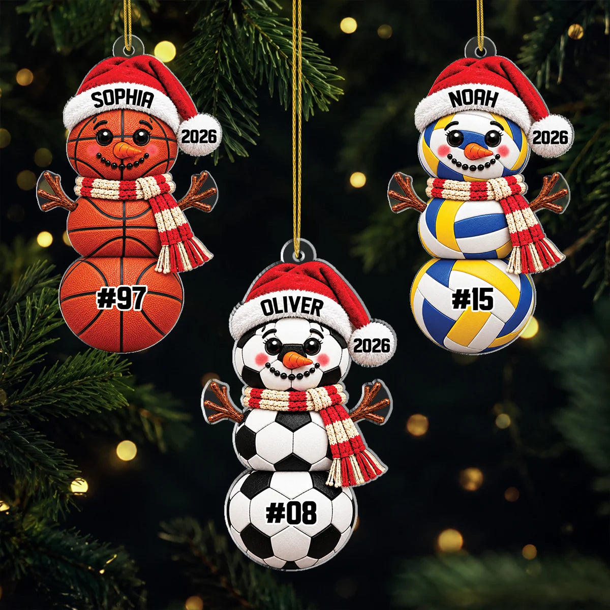 Personalized Sports Ball Snowman Acrylic Ornament, Custom Name & Number Christmas Keepsake Gift for Kids & Athletes