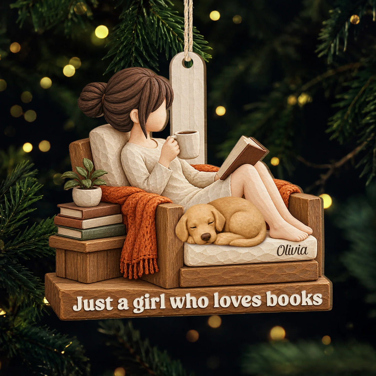 Just a Girl Who Loves Books Personalized Wooden Ornament - Dog Lovers Reading Keepsake