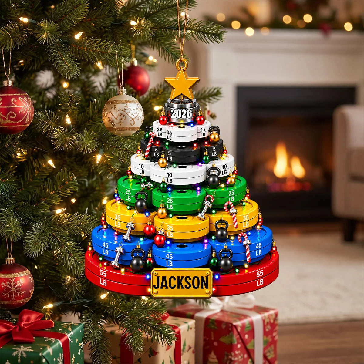 Weight Plate Christmas Tree Wooden Ornament - Personalized Fitness Gift for Gym Lovers, Weightlifters