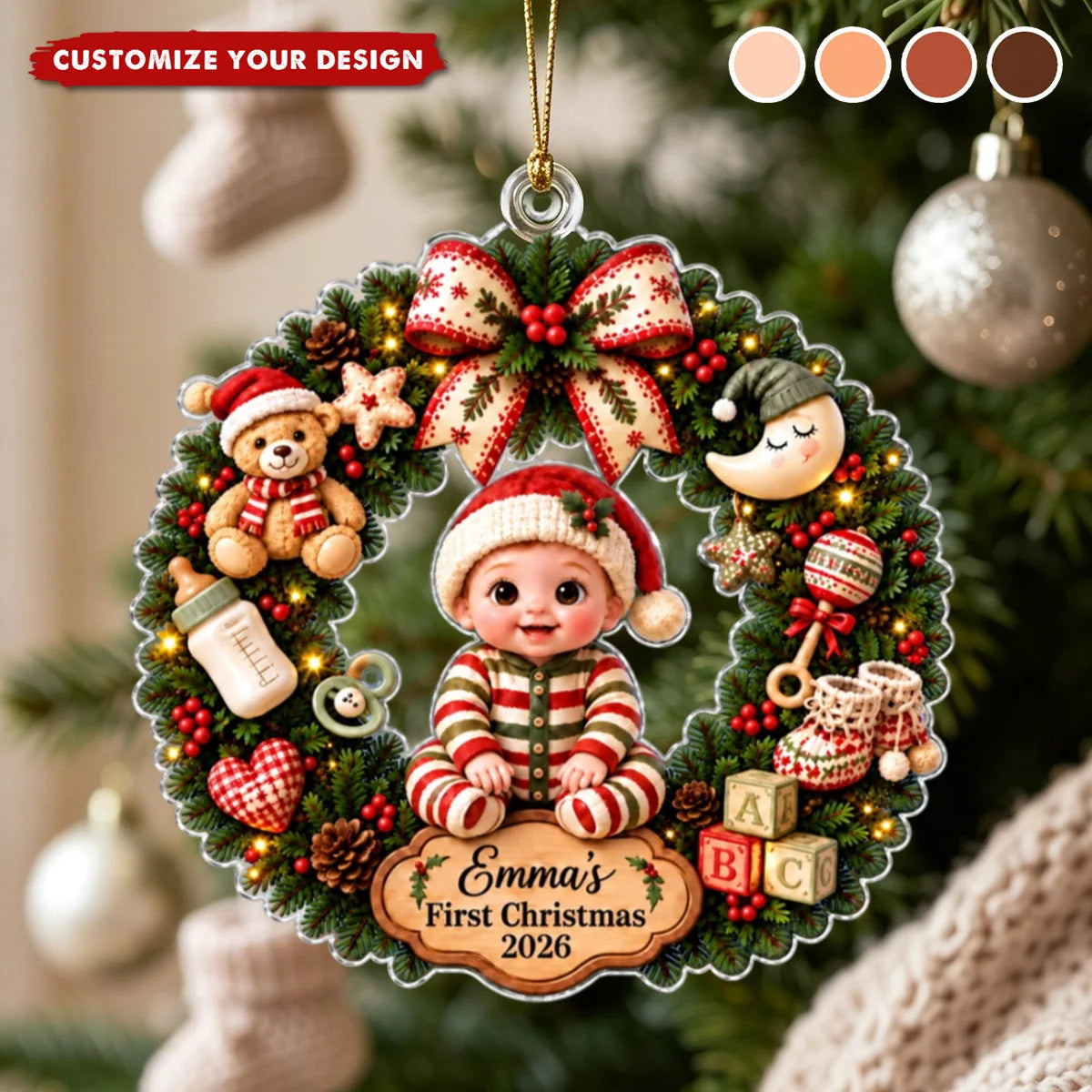 Baby’s First Christmas Wreath Personalized Acrylic Ornament - Custom Holiday Keepsake for Newborn