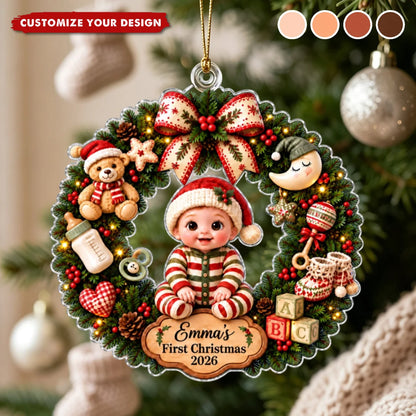 Baby’s First Christmas Wreath Personalized Acrylic Ornament - Custom Holiday Keepsake for Newborn