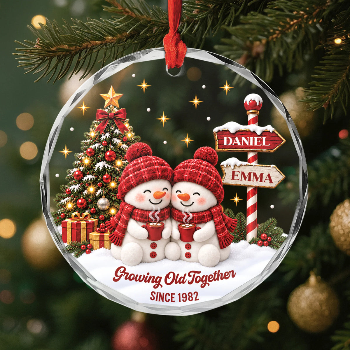 Growing Old Together Personalized Couple Glass Ornament - Snowman Christmas Keepsake