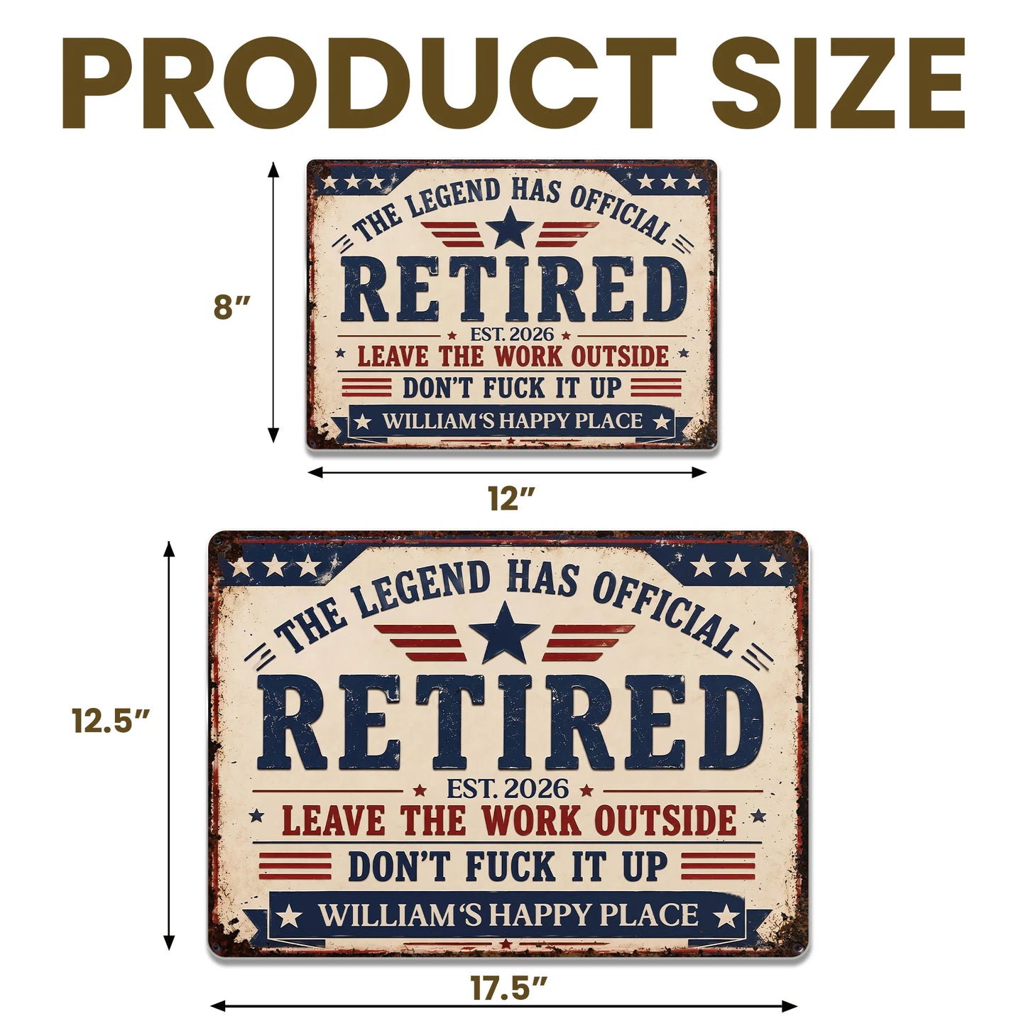 Custom retirement metal sign with stars and stripes reading The Legend Has Official Retired on a wooden fence image 9
