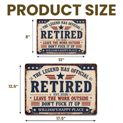 Custom retirement metal sign with stars and stripes reading The Legend Has Official Retired on a wooden fence image 9