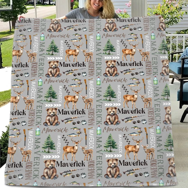 Custom Hunting and Fishing Name Blanket - Personalized Newborn Keepsake