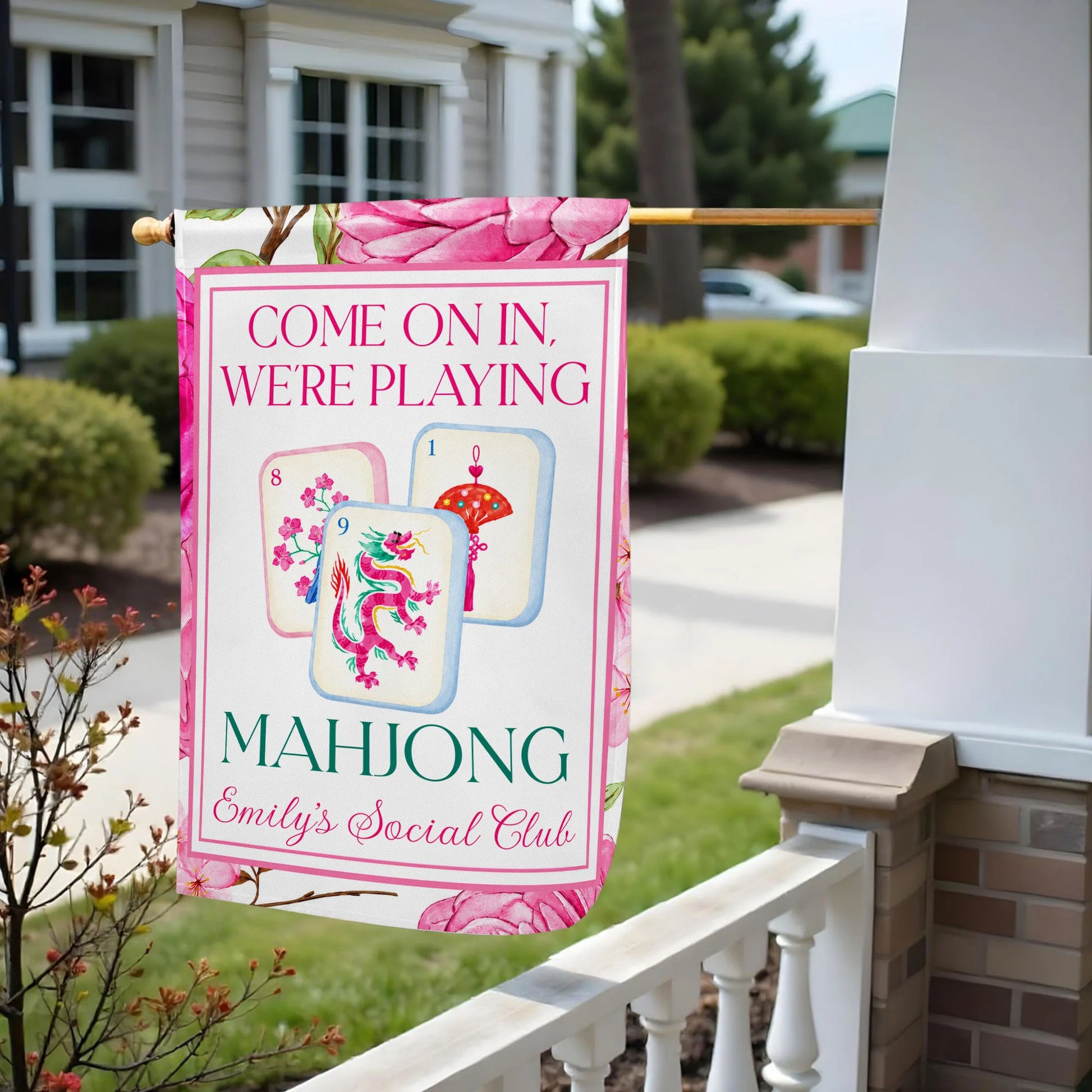 Come On In We're Playing Mahjong Personalized Garden Flag - Custom Social Club Yard Decor