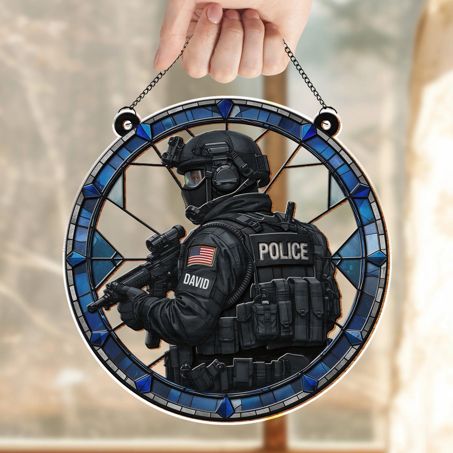Personalized police officer suncatcher featuring custom name and tactical gear design for family decoration image 7