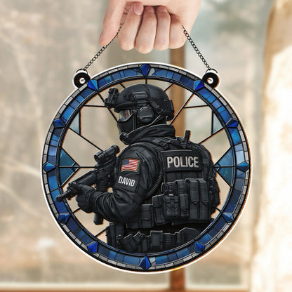 Personalized police officer suncatcher featuring custom name and tactical gear design for family decoration image 7