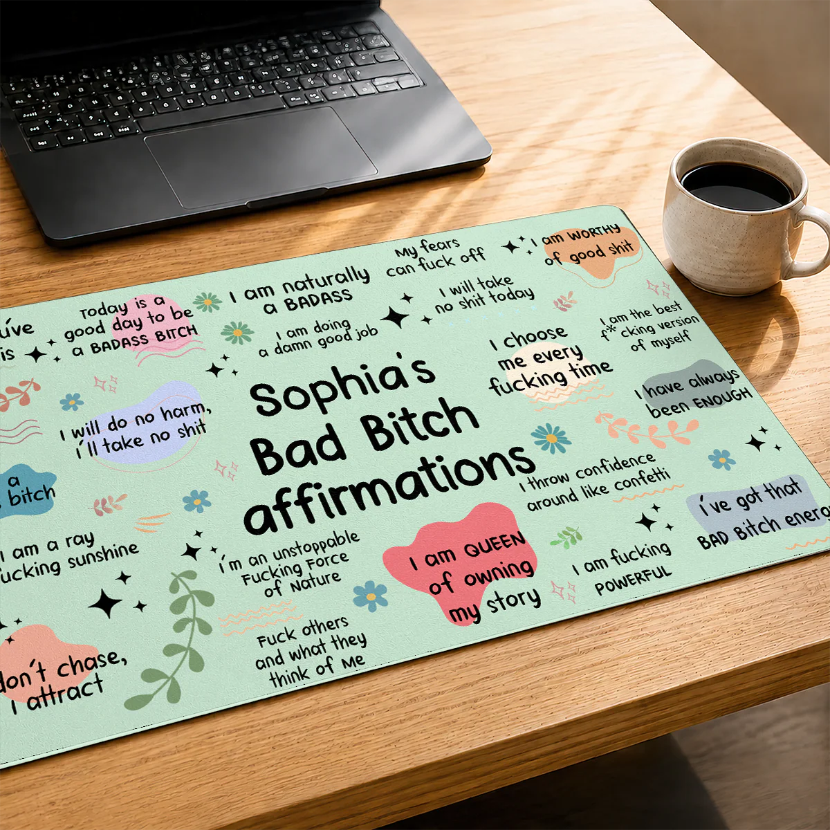 Custom Affirmations Leather Desk Mat for Best Friends with personalized design details for meaningful gifting