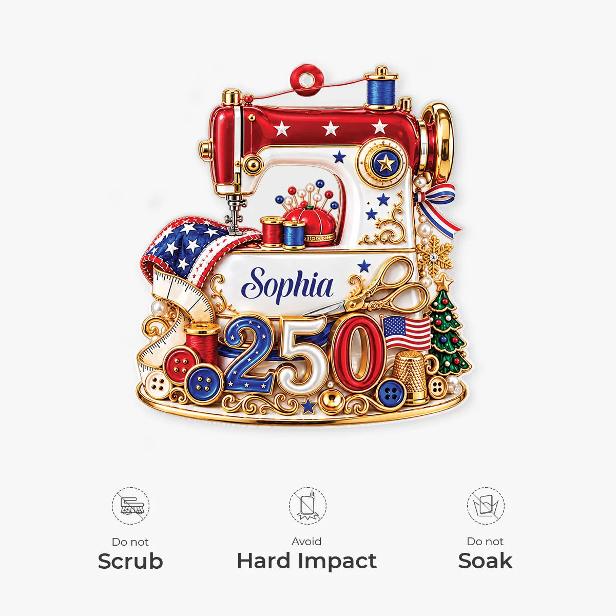 USA 250th Sewing Machine Personalized Acrylic Ornament - Mom Christmas Keepsake