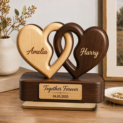 "Together Forever" Interlocking Hearts Personalized Wooden Plaque - Custom Couple Gift for Anniversary