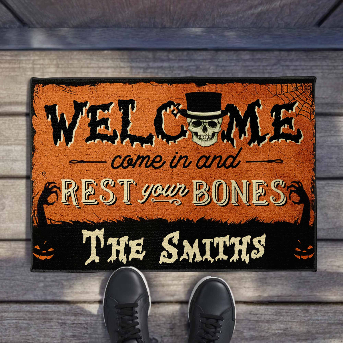 "Come In And Rest Your Bones" Personalized Halloween Doormat - Custom Front Porch Decor for Family