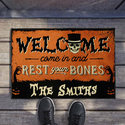 "Come In And Rest Your Bones" Personalized Halloween Doormat - Custom Front Porch Decor for Family