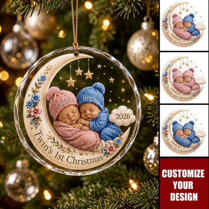 Twin's 1st Christmas Personalized Glass Ornament - Custom Twin Babies Holiday Keepsake