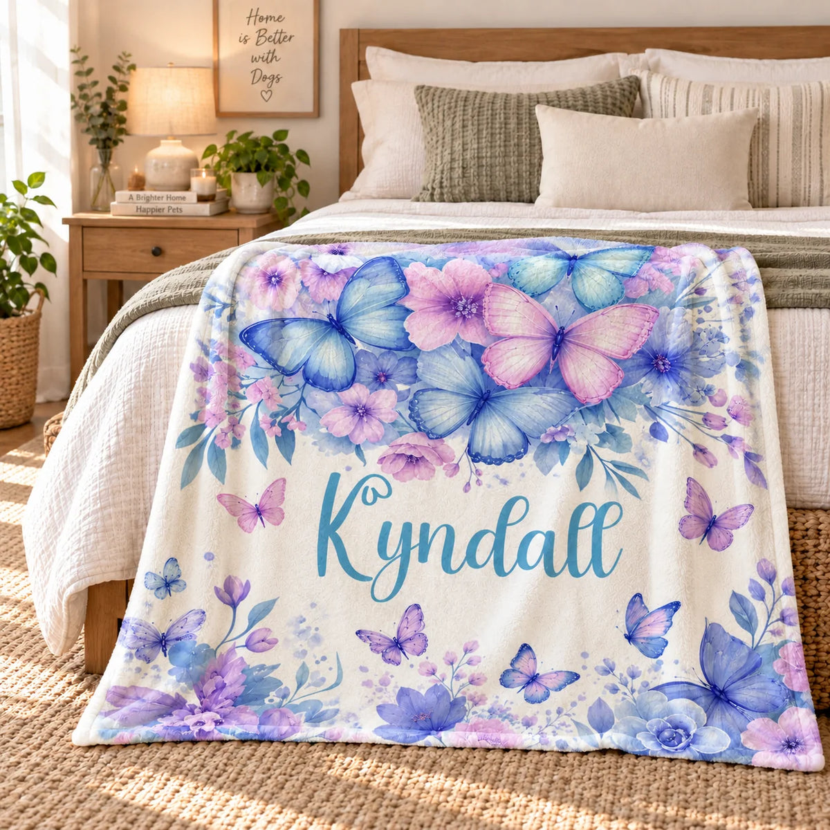 Personalized Butterfly Blanket with Custom Name - Floral Birthday Gift for Daughter or Granddaughter