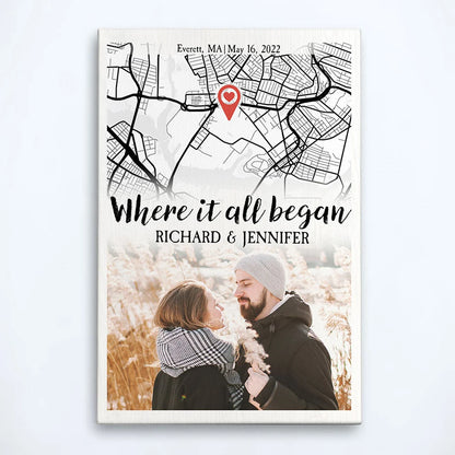 "Where It All Began" Personalized Map Canvas / Poster - Custom Anniversary & Wedding Gift for Couples