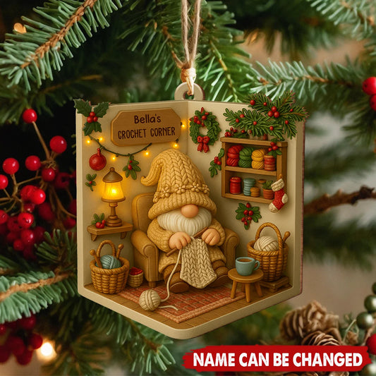 Crochet Corner Custom Wood Ornament - Personalized Crafting Gnome Keepsake Gift
