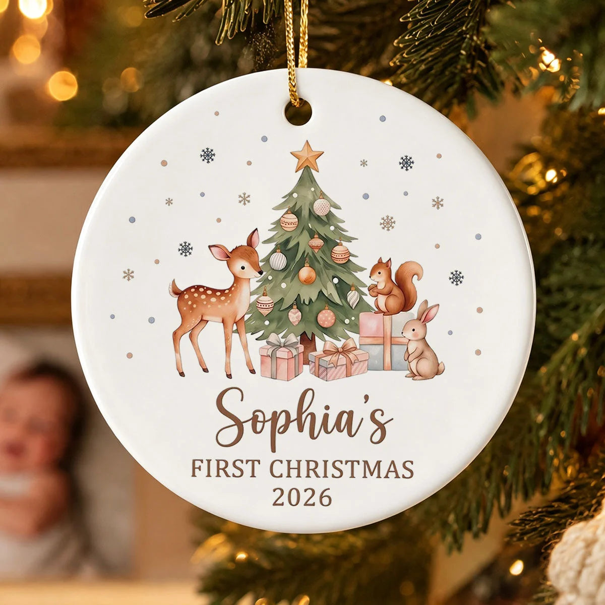 Baby's First Christmas Personalized Ceramic Ornament - Custom Woodland Holiday Keepsake Gift