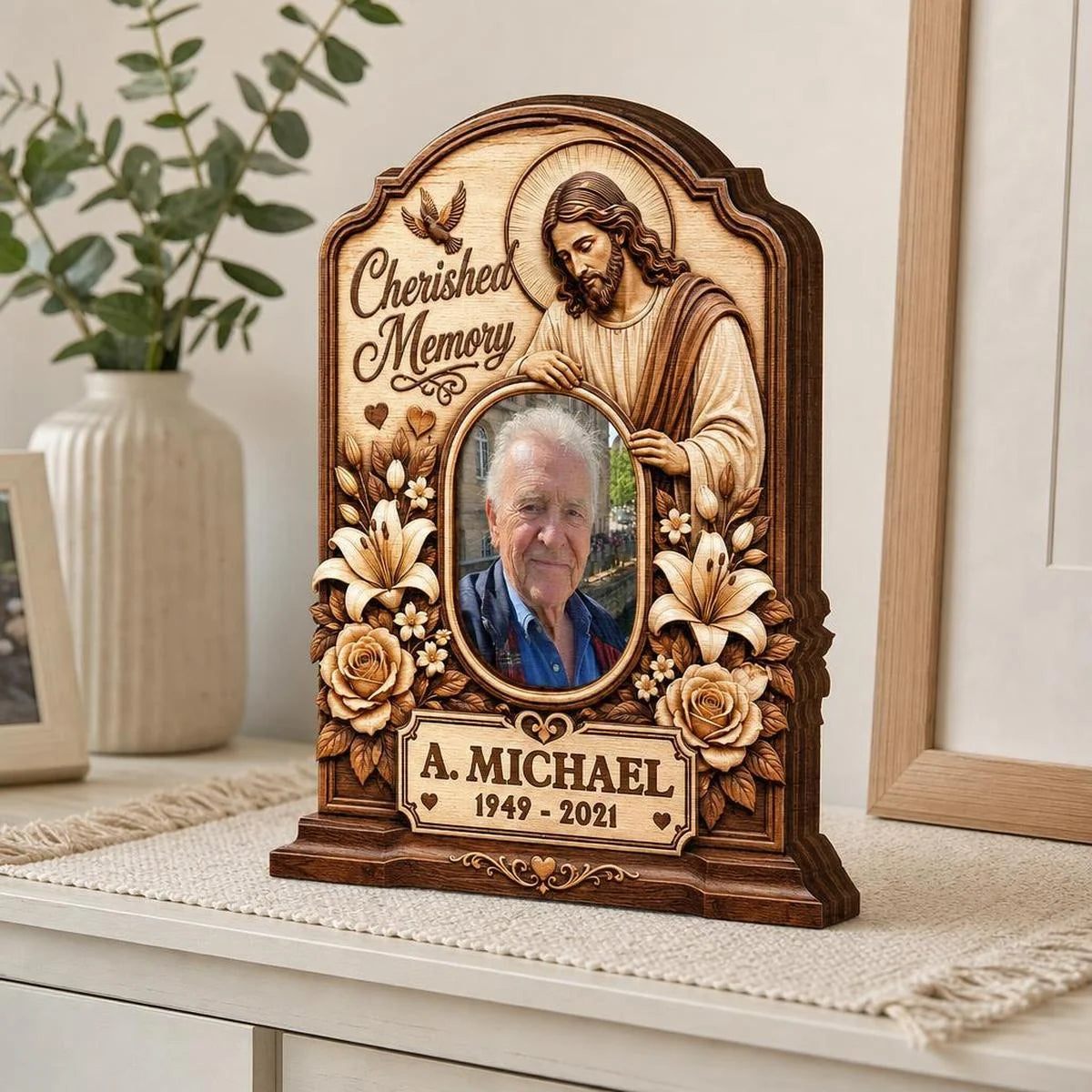 Cherished Memory Personalized Jesus Memorial Wooden Block - Custom Photo Remembrance Tribute Gift for Family