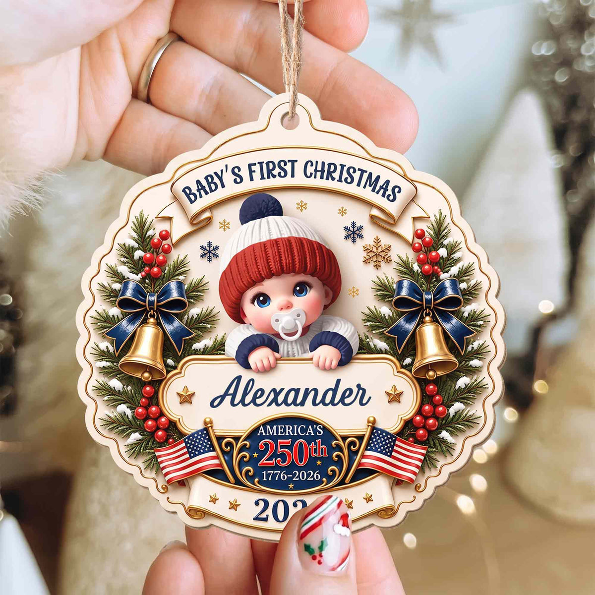 "Baby’s First Christmas" Personalized Wooden Ornament - America’s 250th Anniversary Keepsake for New Parents