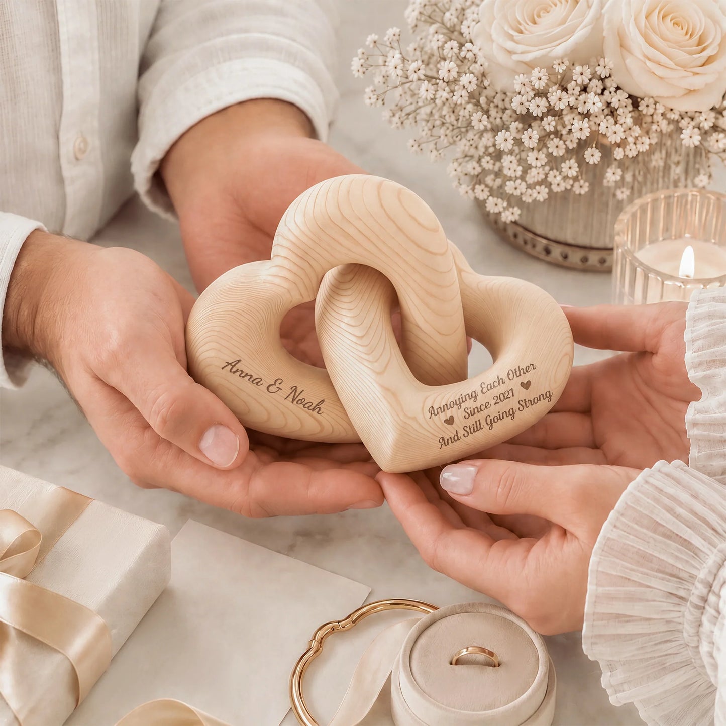 "Annoying Each Other Since" Personalized Wooden Heart Sculpture - Custom Couples Anniversary Gift