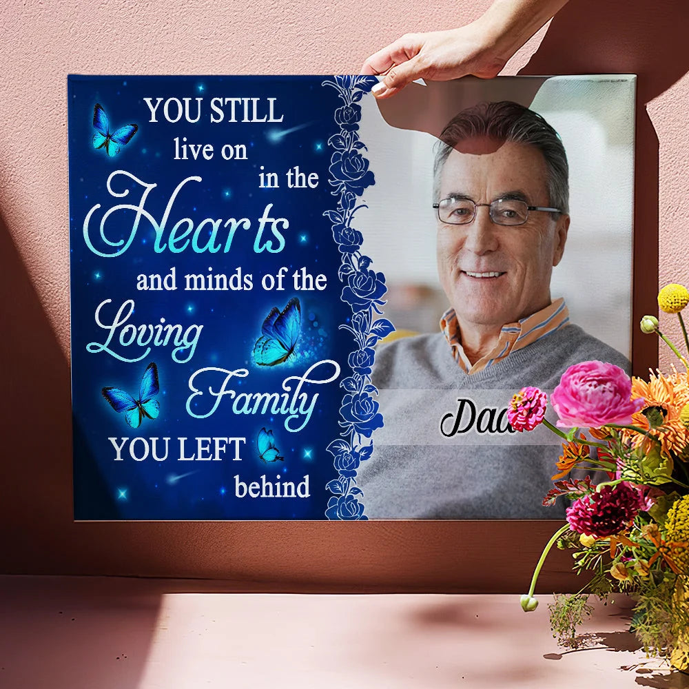 You Still Live On In Our Hearts - Personalized Memorial Photo Canvas / Poster