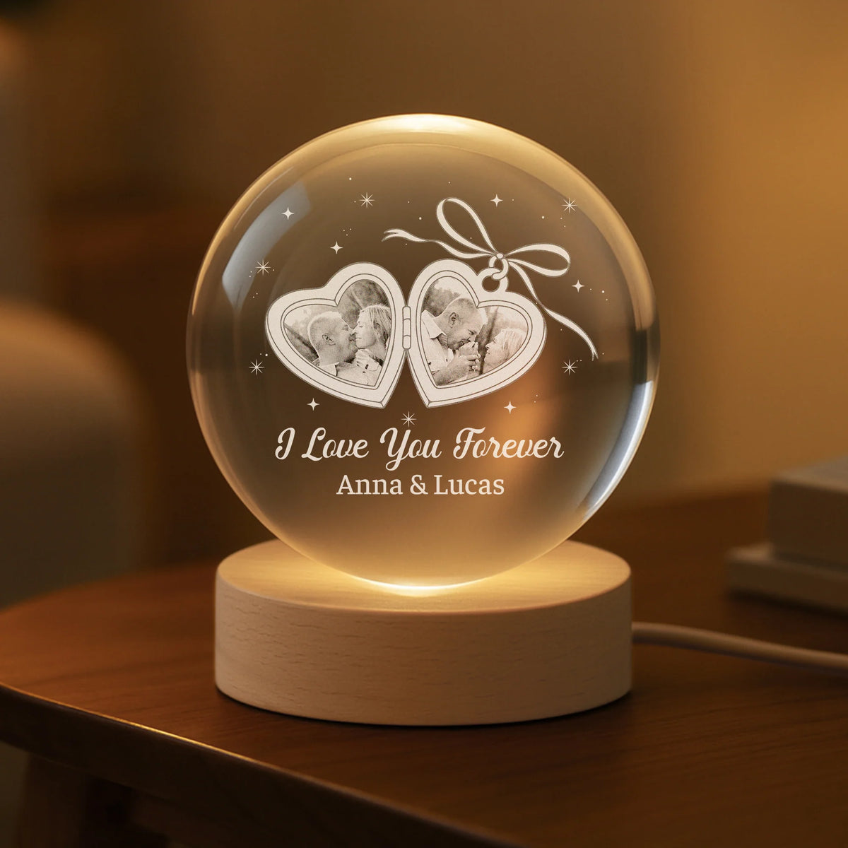 Personalized Couple Crystal Ball Lamp - Custom Photo Heart Locket Anniversary Gift