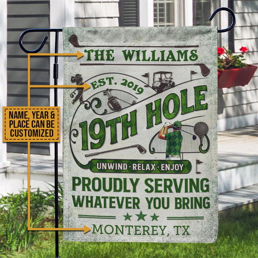 Personalized 19th hole golf garden flag with custom name and location print - unique yard decor gift for golfers