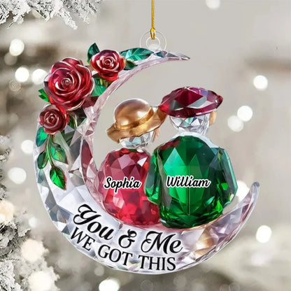 Personalized couple ornament with custom names on a crystal moon with red roses for anniversary gift