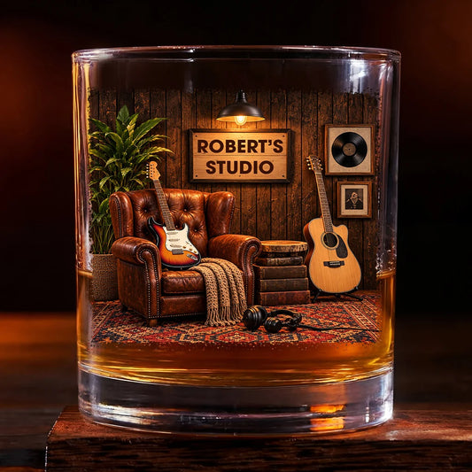 Guitar Studio Music Lover Custom Whiskey Glass for Him - Personalized Musician Birthday Gift