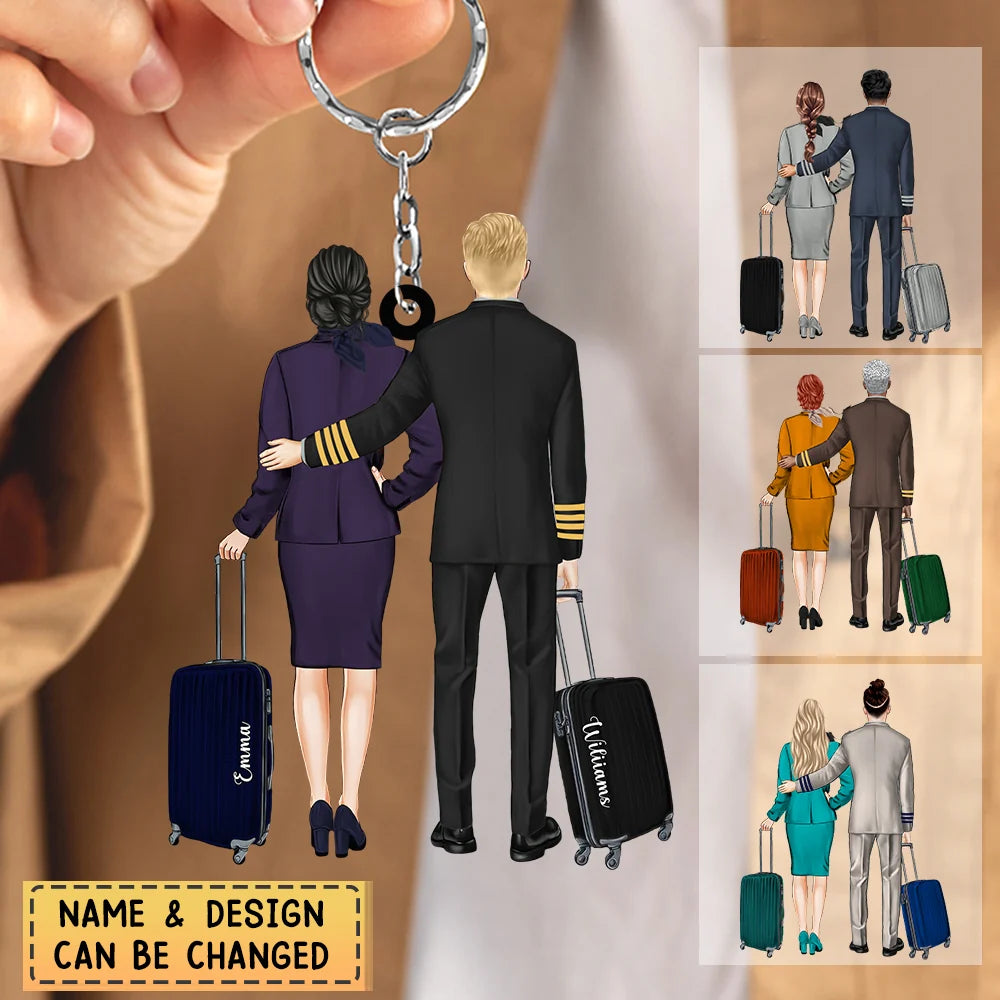 Custom Airline Pilot Couple Acrylic Keychain - Personalized Flight Attendant Keepsake Gift for Him Her