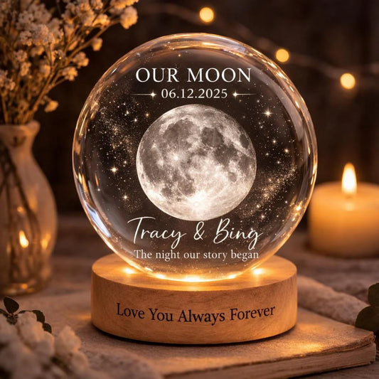 Custom moon phase night light with wooden LED base - personalized anniversary crystal ball gift for couples