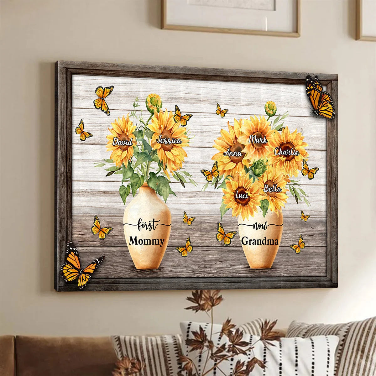 "First Mom Now Grandma" Sunflower Pot Personalized Canvas / Poster - Custom Wall Art Gift for Mom & Grandma