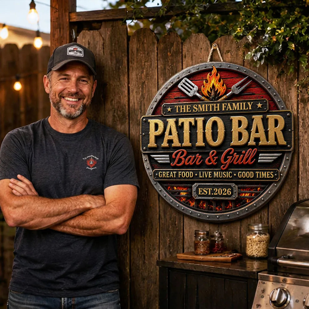Patio Bar & Grill Personalized Wood Sign - Custom Backyard BBQ Sign Decor