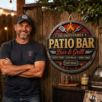 Patio Bar & Grill Personalized Wood Sign - Custom Backyard BBQ Sign Decor