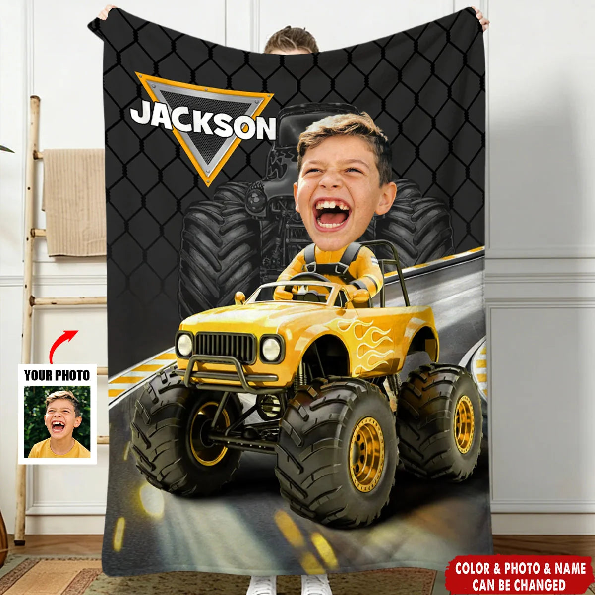 Custom Monster Truck Photo Blanket - Personalized Race Car Throw for Kids Birthday Gift