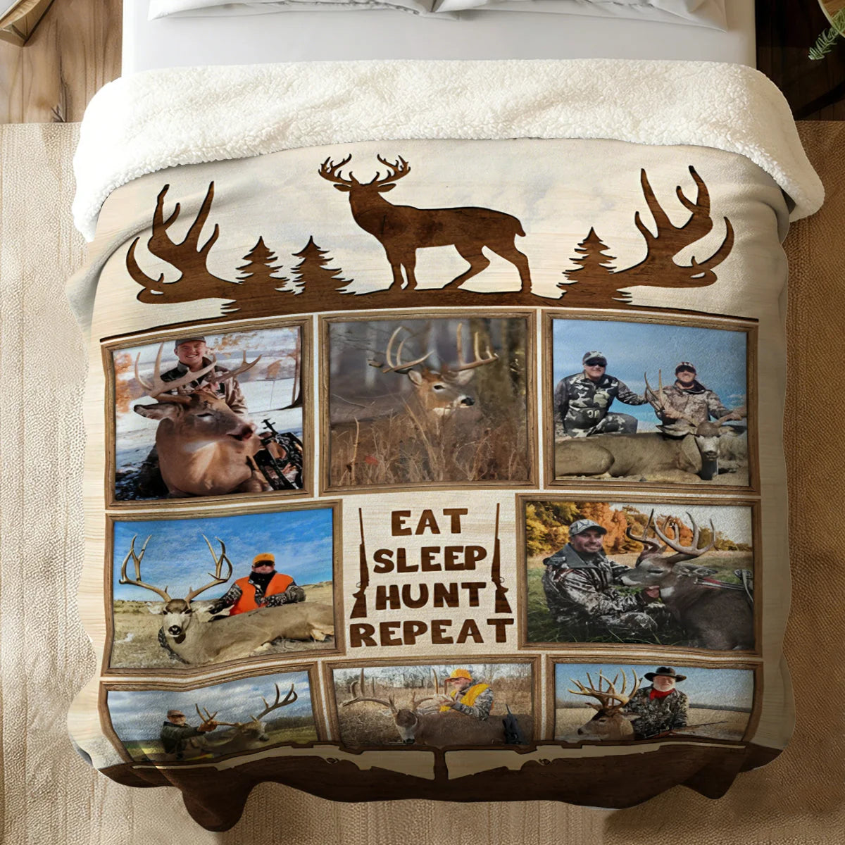 "Eat Sleep Hunt Repeat" Custom Hunting Collage Blanket - Personalized Photo Keepsake Gift for Deer Hunters