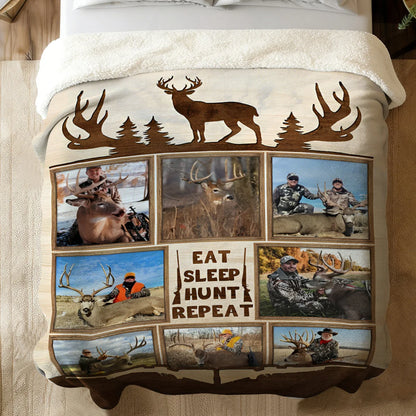 "Eat Sleep Hunt Repeat" Custom Hunting Collage Blanket - Personalized Photo Keepsake Gift for Deer Hunters