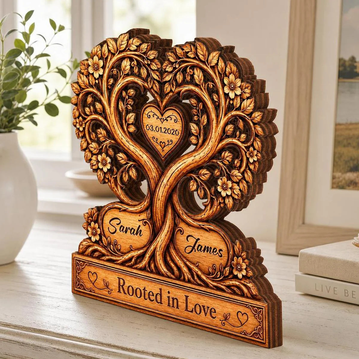 Rooted In Love Heart Tree Personalized Couple Wooden Block - Custom Anniversary Gift