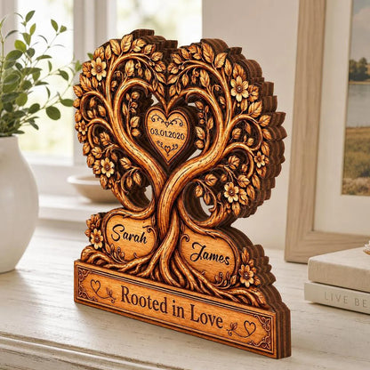 Rooted In Love Heart Tree Personalized Couple Wooden Block - Custom Anniversary Gift