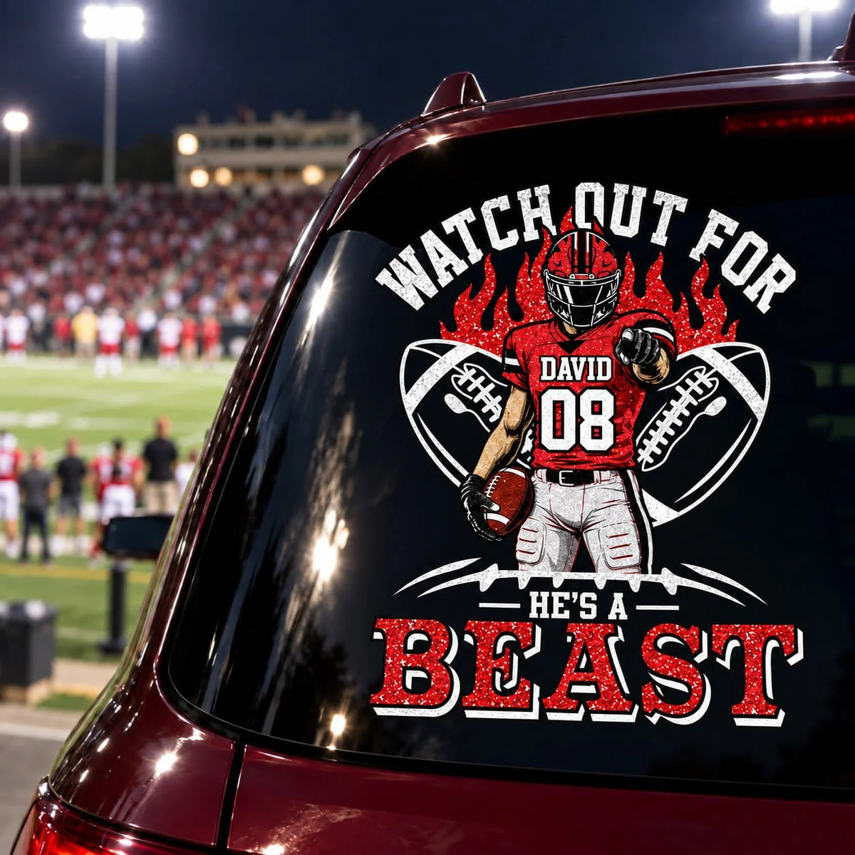 Personalized Watch Out For He's A Beast Car Decal, Custom Football Player Sticker, Gift for Sports Moms and Dads T1807 VH01	
